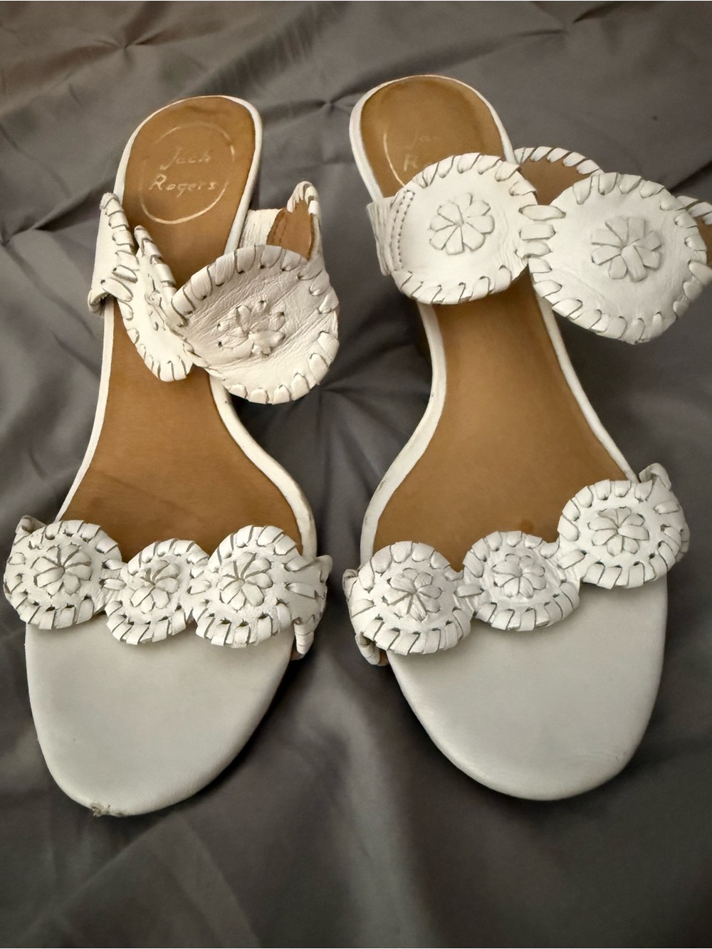 Jack Rogers White Leather Ornament Slide Sandals